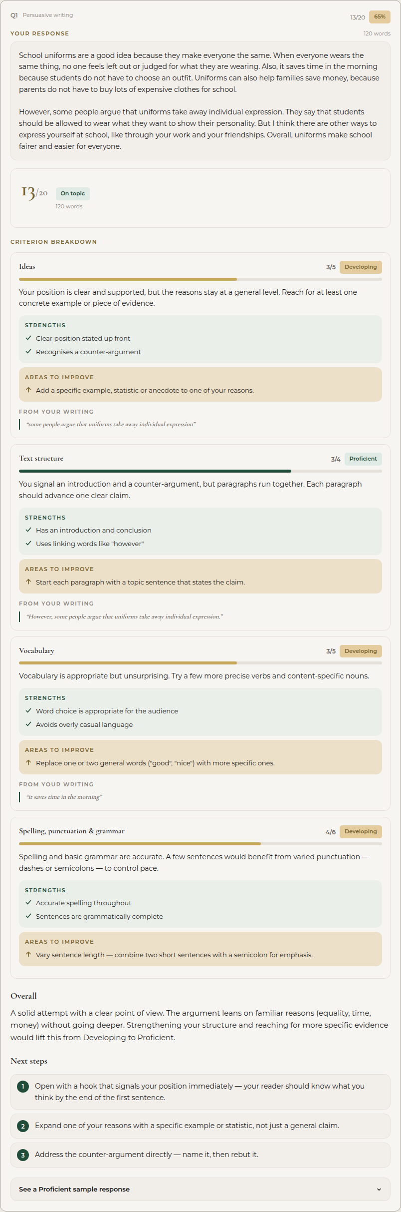 Examinate writing feedback for a Year 5 persuasive response, showing per-criterion scores for ideas, text structure, vocabulary and more, alongside specific strengths and areas to improve
