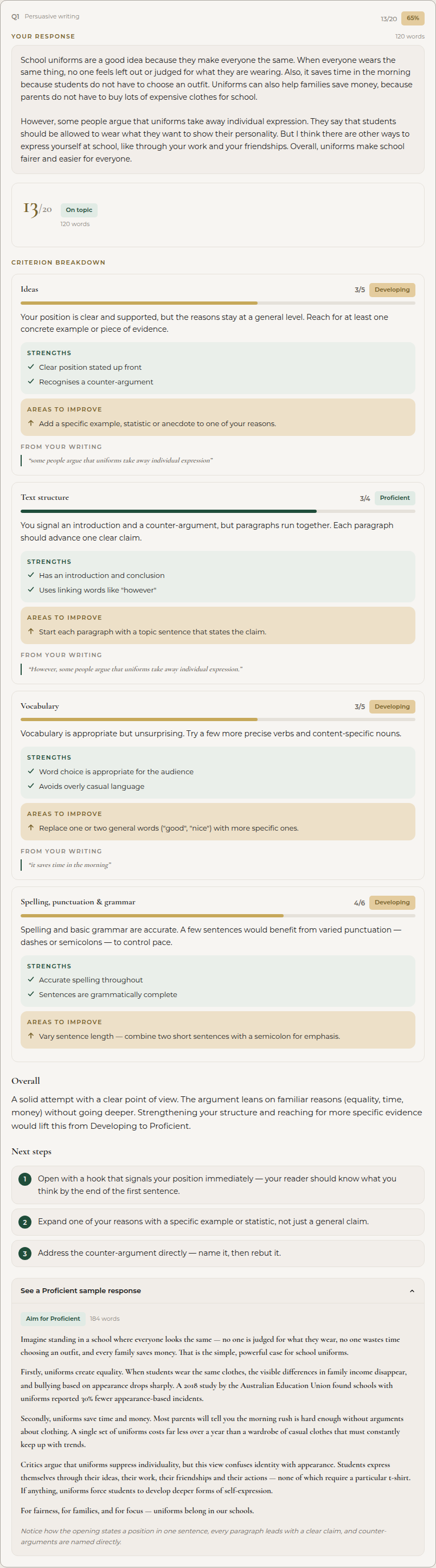 A student's "Developing" response shown next to a stronger "Proficient" sample, so families can see exactly what a higher-scoring version looks like